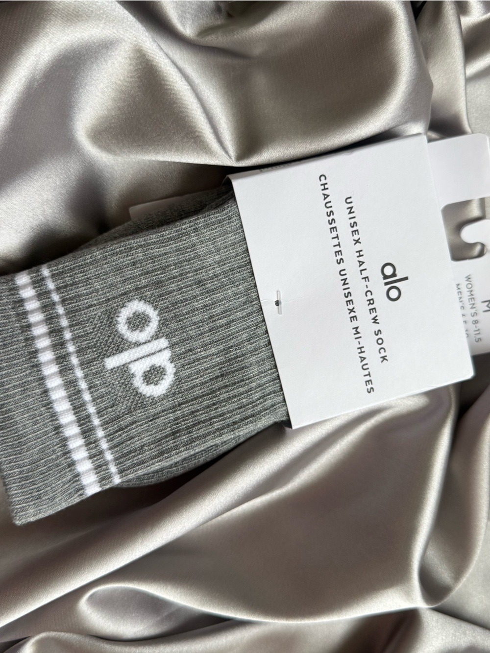 ALO Yoga Grey Ribbed Crew Socks with White Logo Stripes